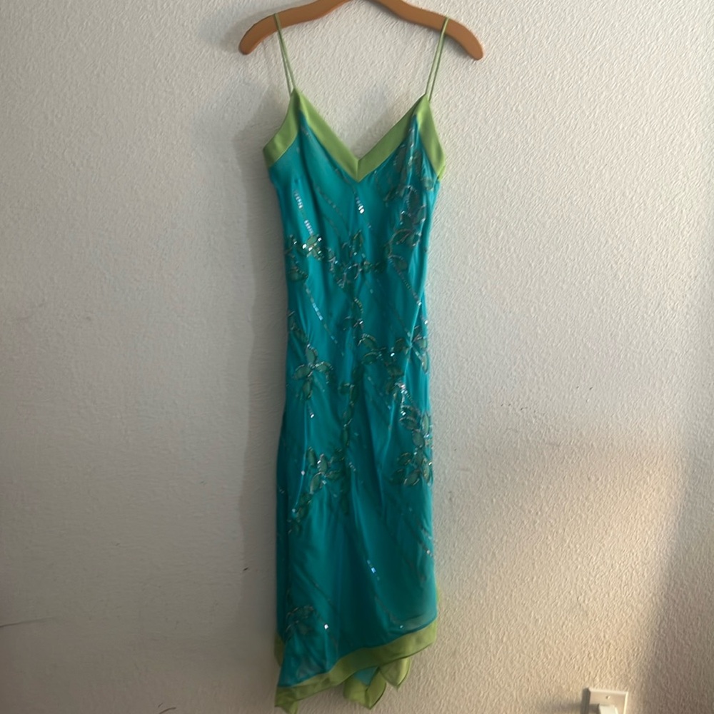 BCBGMaxAzria 100% silk blue green asymmetrical fairy dress